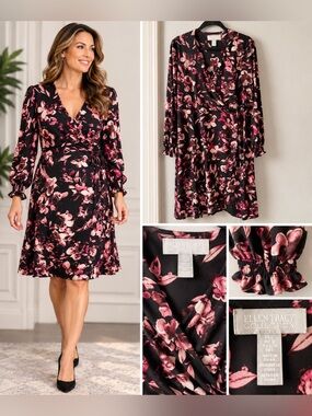 Ellen Tracy Collection Floral Wrap Dress - Black and Pink